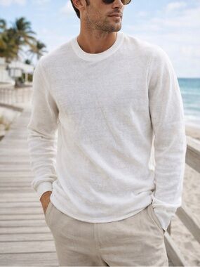 Onia White Linen Sweater Medium Lightweight Coastal Minimalist Crewneck